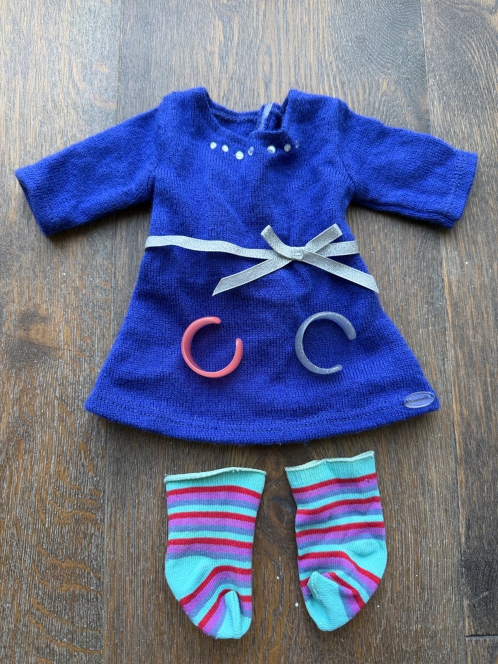 American Girl Doll Outfit, Blue Knits Dress with Socks and Bracelets